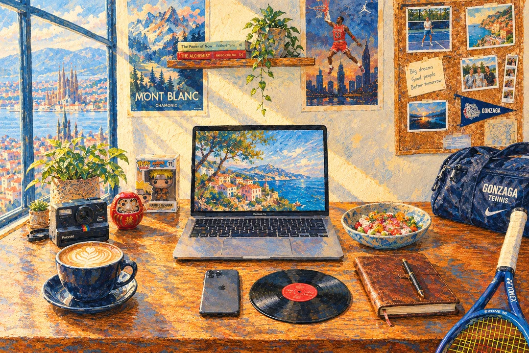 Painted illustration of Oscar's desk: laptop, tennis racket, Gonzaga bag, books and travel posters