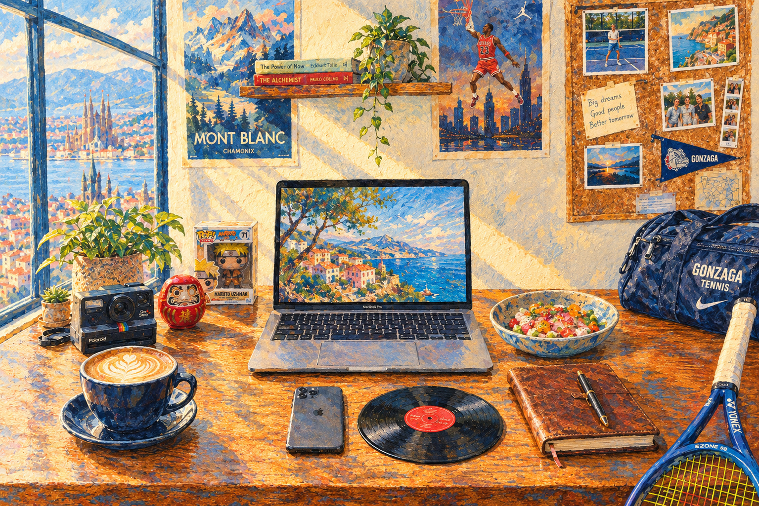 A painted desk facing a window over Lake Geneva, with a laptop, a phone, a vinyl record, a leather journal, a Polaroid camera, a bowl of food, tennis gear, and photos pinned to a corkboard.