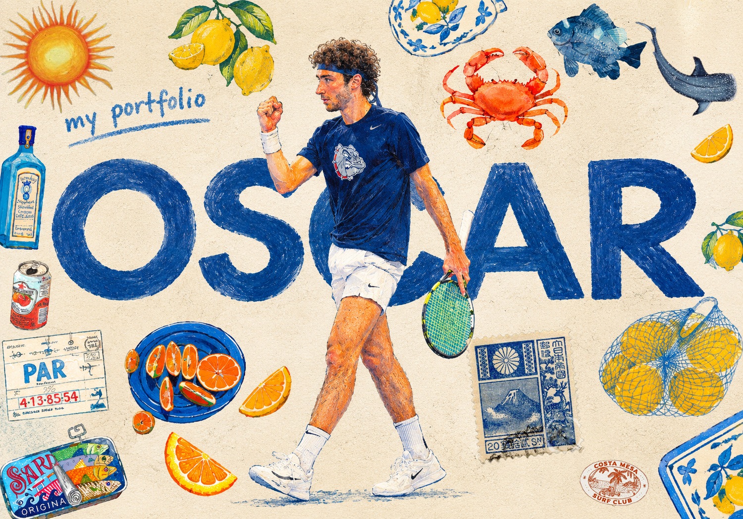 Oscar, my portfolio. An illustration of Oscar walking with a tennis racket in front of his name in large blue letters, surrounded by a sun, lemons, oranges, a crab, a fish, a whale shark, a Mount Fuji stamp, a Costa Mesa Surf Club sticker, a sardine tin and a boarding pass.