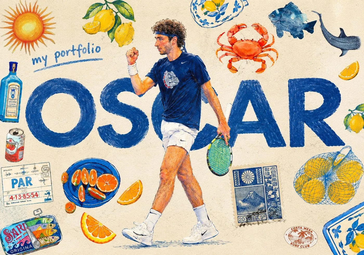 Oscar, my portfolio. An illustration of Oscar walking with a tennis racket in front of his name in large blue letters, surrounded by a sun, lemons, oranges, a crab, a fish, a whale shark, a Mount Fuji stamp, a Costa Mesa Surf Club sticker, a sardine tin and a boarding pass.